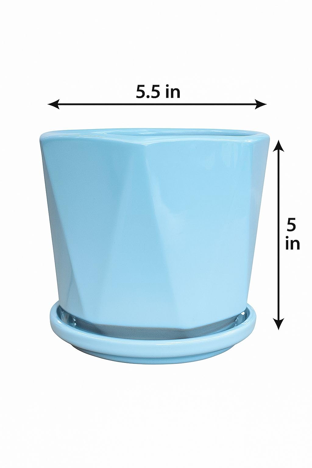 Plants World Nursery and Garden Centre Ceramic Plant Pot with Attached Drainage Saucer, 5 inches Tall x 5.5 inches Diameter, Light Blue