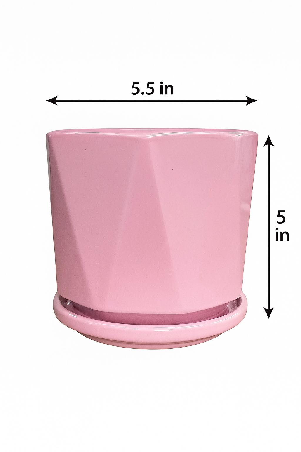 Plants World Nursery and Garden Centre Ceramic Plant Pot with Attached Drainage Saucer, 5 inches Tall x 5.5 inches Diameter, Pink