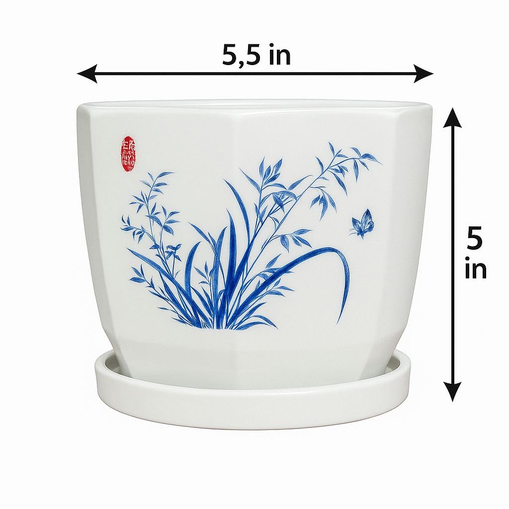 Plants World Nursery and Garden Centre Decorative Ceramic Plant Pot with Attached Saucer, White with Blue Leaf Design, 5 inches Tall x 5.5 inches Diameter