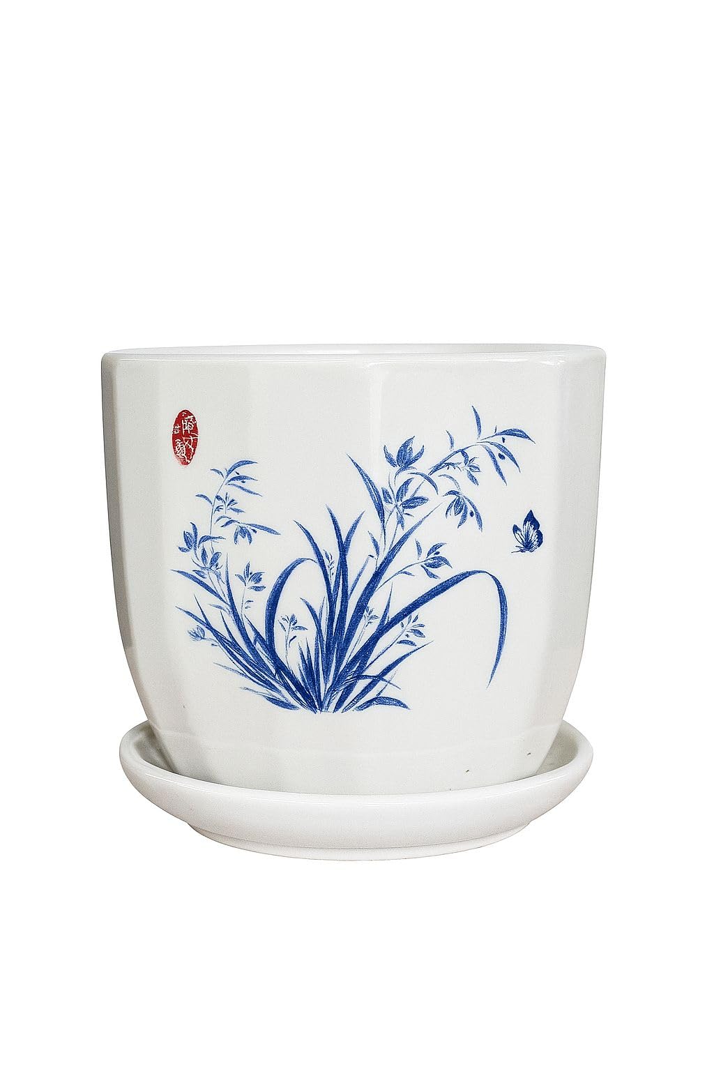 Plants World Nursery and Garden Centre Decorative Ceramic Plant Pot with Attached Saucer, White with Blue Leaf Design, 5 inches Tall x 5.5 inches Diameter