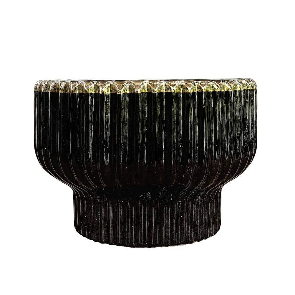 Plants World Nursery and Garden Centre Decorative Ribbed Ceramic Plant Pot, Black, 4 inches Tall x 5.75 inches Diameter, Modern Design