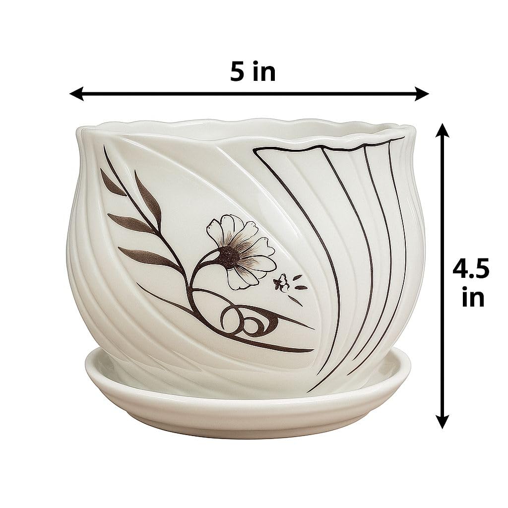 Plants World Nursery and Garden Centre Decorative Ceramic Plant Pot with Attached Saucer, 4.5 inches Tall x 5 inches Diameter, White with Brown Floral Design