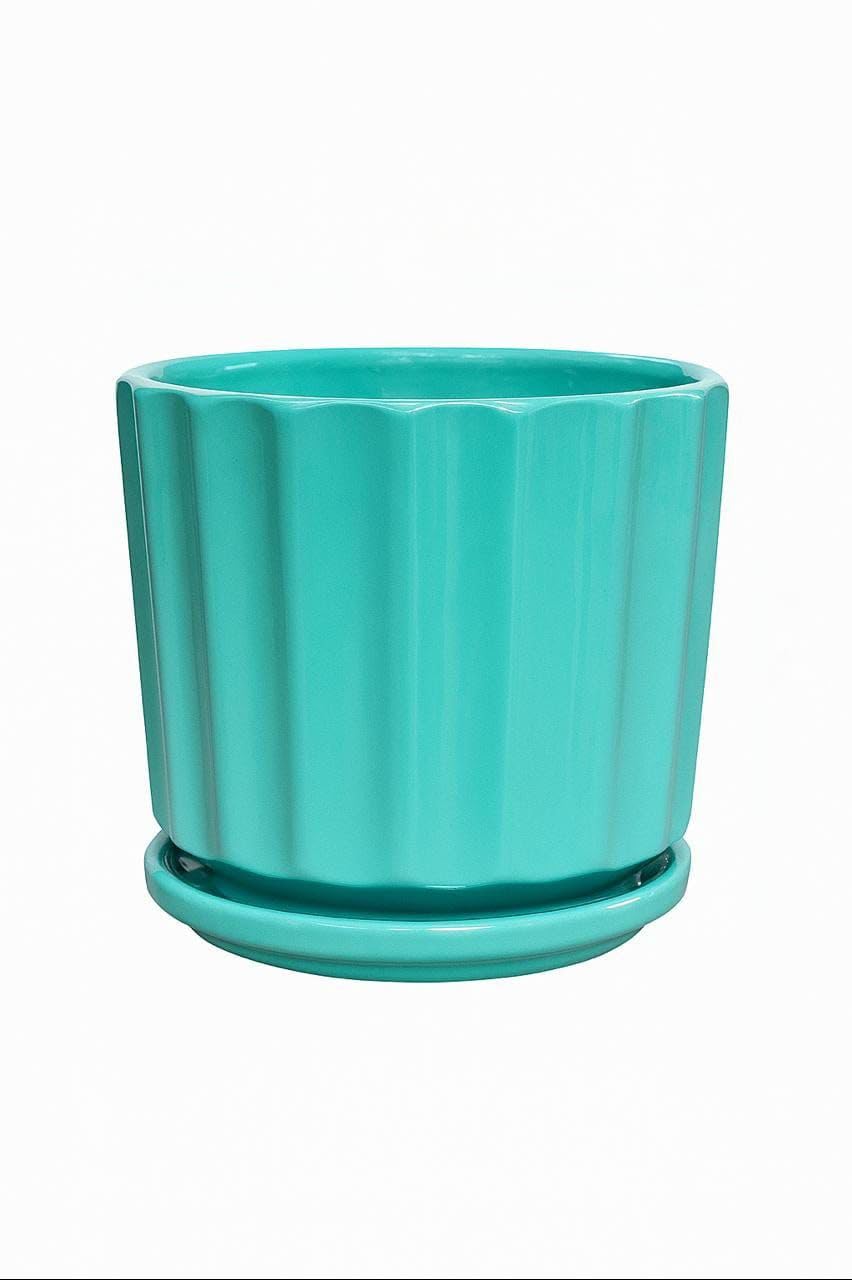 Plants World Nursery and Garden Centre Ceramic Plant Pot with Attached Drainage Saucer, Teal, 5 inches Tall x 5.5 inches Diameter, Ribbed Design