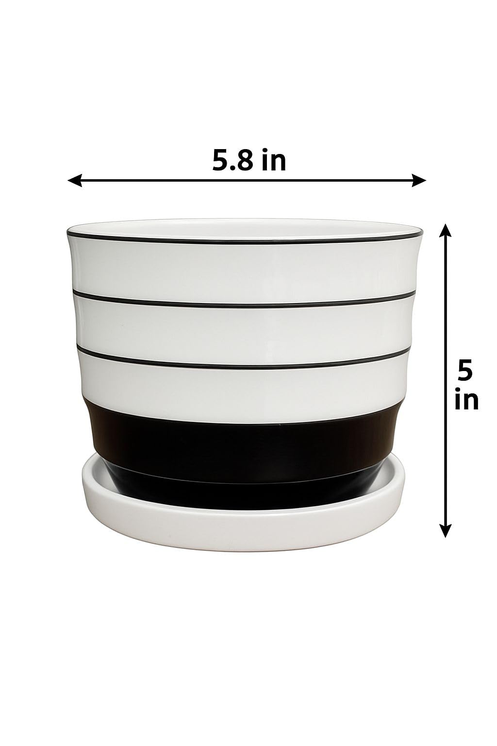 Plants World Nursery and Garden Centre Modern Ceramic Plant Pot with Attached Saucer, White with Black Stripes, 5 inches Tall x 5.8 inches Diameter