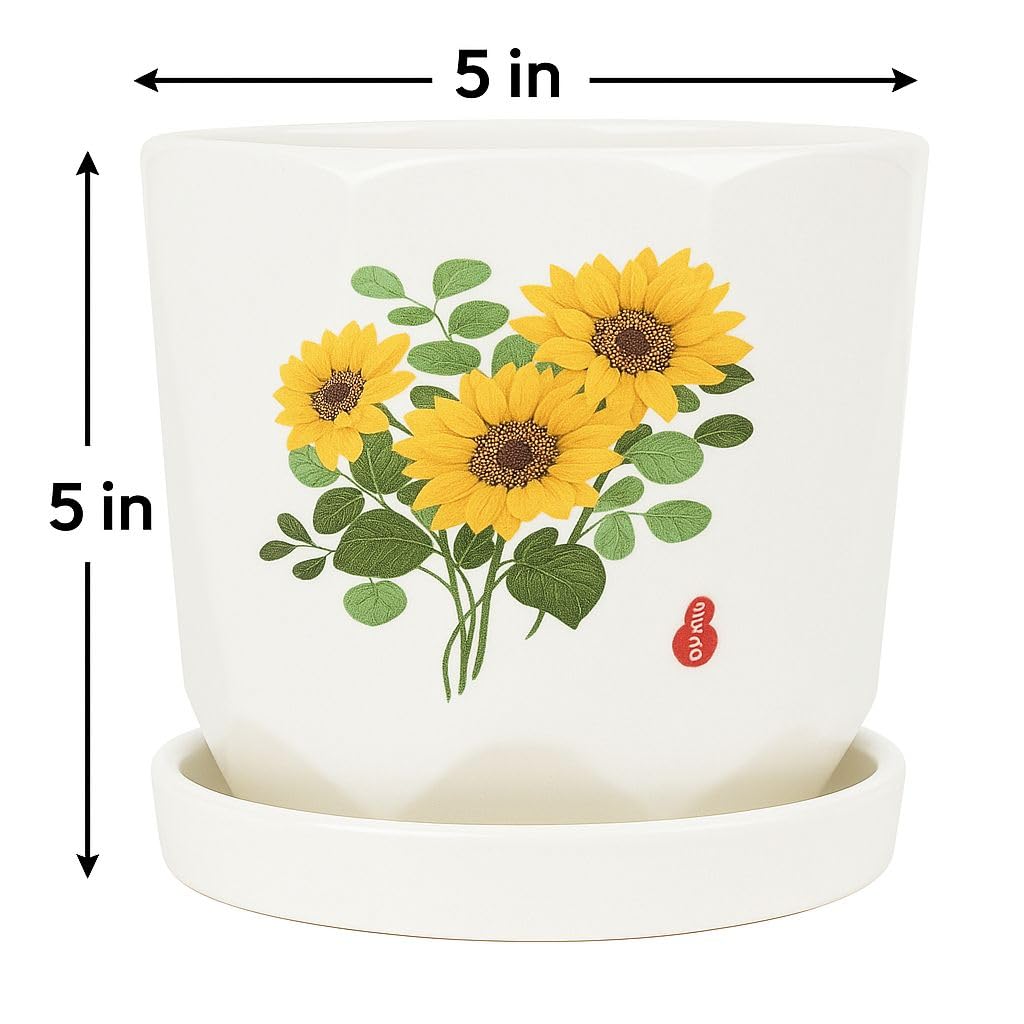 Plants World Nursery and Garden Centre Ceramic Plant Pot with Attached Saucer, Sunflower Design, 5 inches Tall x 5 inches Diameter, White