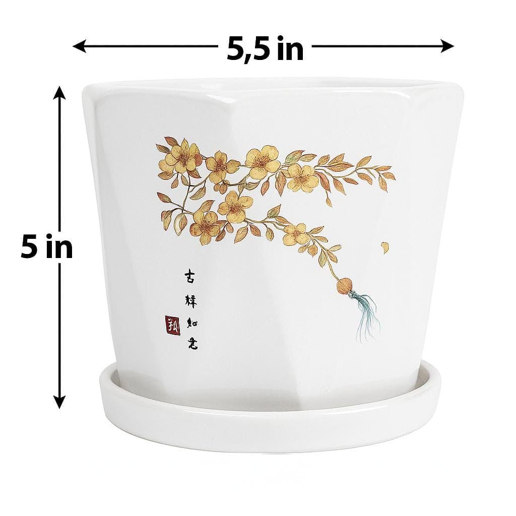 Plants World Nursery and Garden Centre Ceramic Plant Pot with Attached Saucer, Japanese Floral Design, 5 inches Tall x 5.5 inches Diameter, White