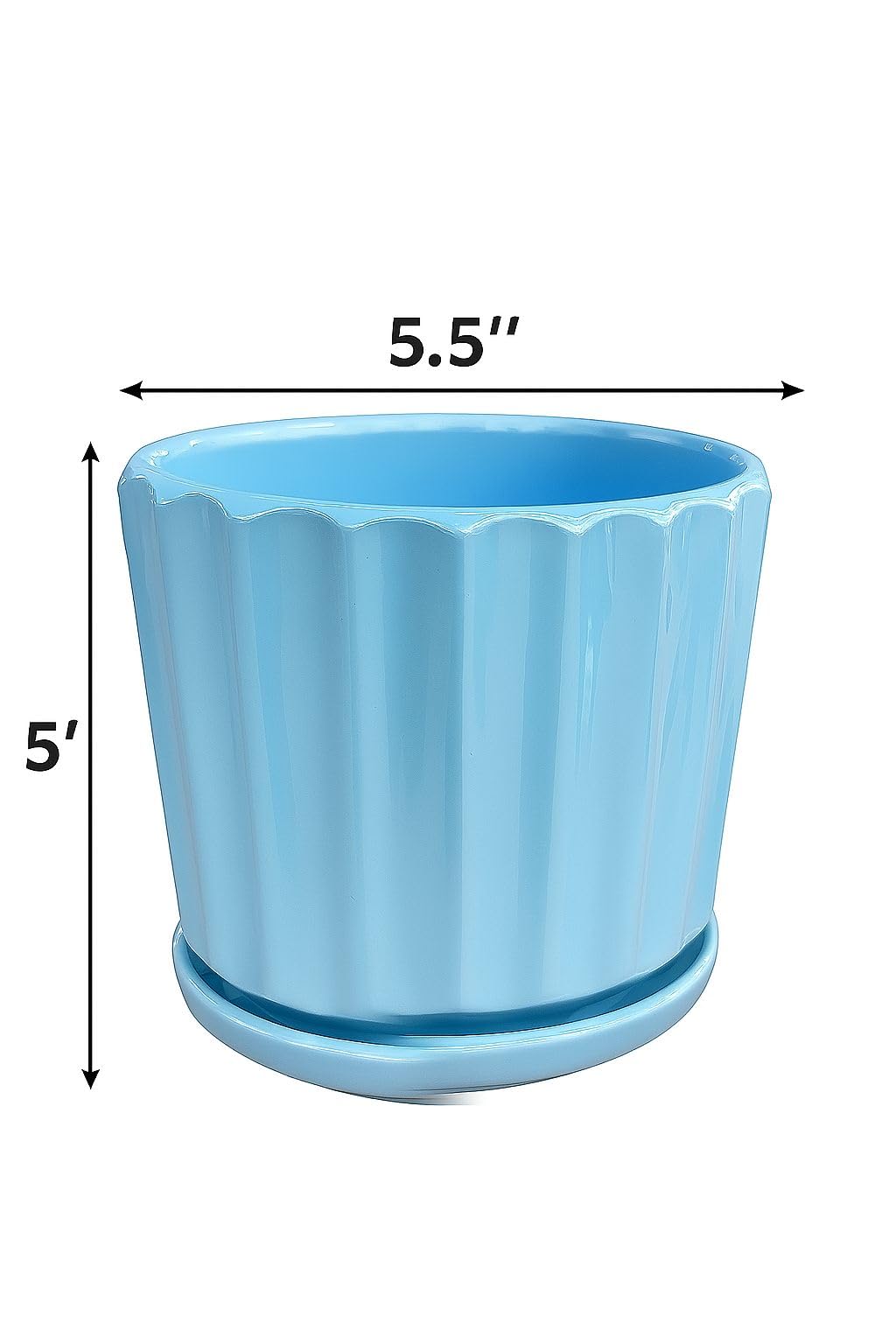 Plants World Nursery and Garden Centre Ceramic Plant Pot with Attached Drainage Saucer, Light Blue, 5 inches Tall x 5.5 inches Diameter, Ribbed Design