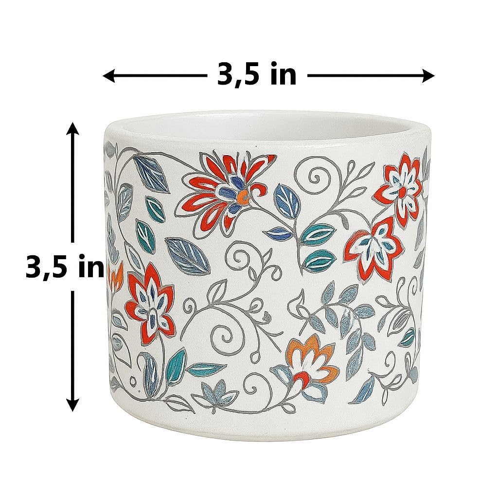 Plants World Nursery and Garden Centre Decorative Ceramic Plant Pot with Floral Pattern, 3.5 inches Tall x 3.5 inches Diameter, White