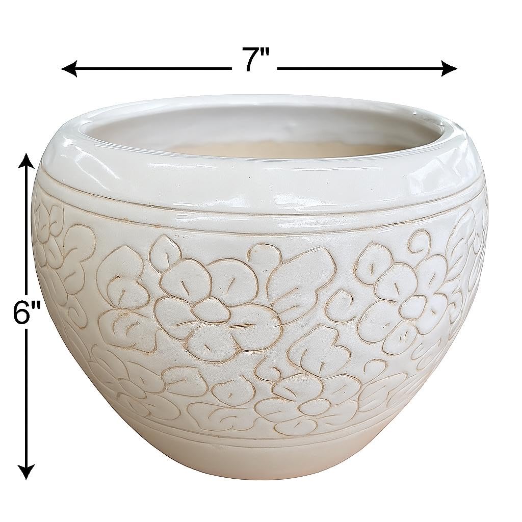 Plants World Nursery and Garden Centre Decorative Ceramic Planter Pot with Floral Pattern, 6 inches Tall x 7 inches Diameter, White