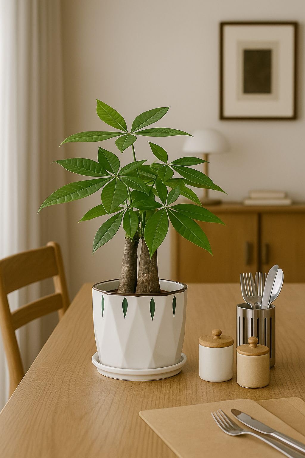 Plants World Nursery and Garden Centre Modern Ceramic Plant Pot with Attached Saucer, 5.2 inches Tall x 5.5 inches Diameter, White with Green Leaf Pattern