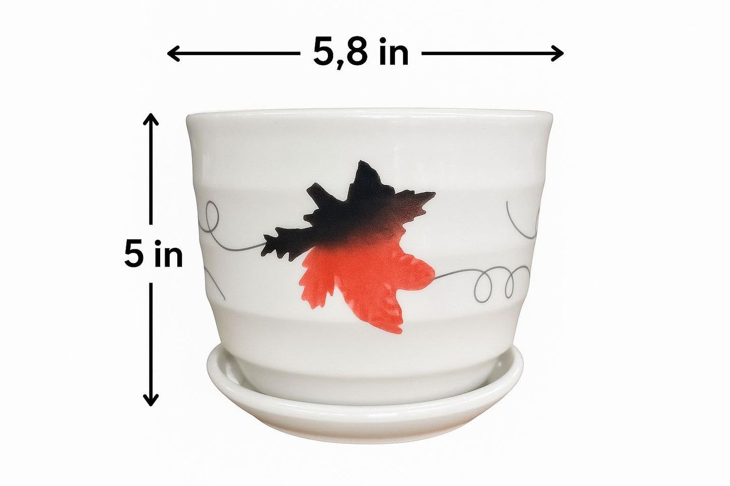 Plants World Nursery and Garden Centre Ceramic Plant Pot with Attached Saucer, Red Maple Leaf Design, 5 inches Tall x 5.8 inches Diameter, White