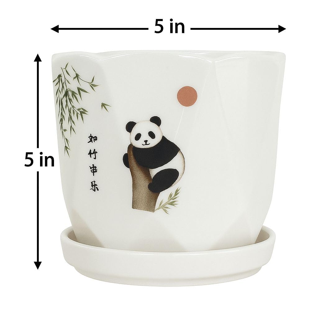 Plants World Nursery and Garden Centre Ceramic Plant Pot with Panda Design, 5 inches Tall x 5 inches Diameter, White Planter with Attached Drainage Tray, Japanese Style
