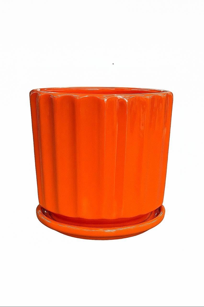 Plants World Nursery and Garden Centre Ceramic Plant Pot with Attached Saucer, Orange, 5 inches Tall x 5.5 inches Diameter, Ribbed Design