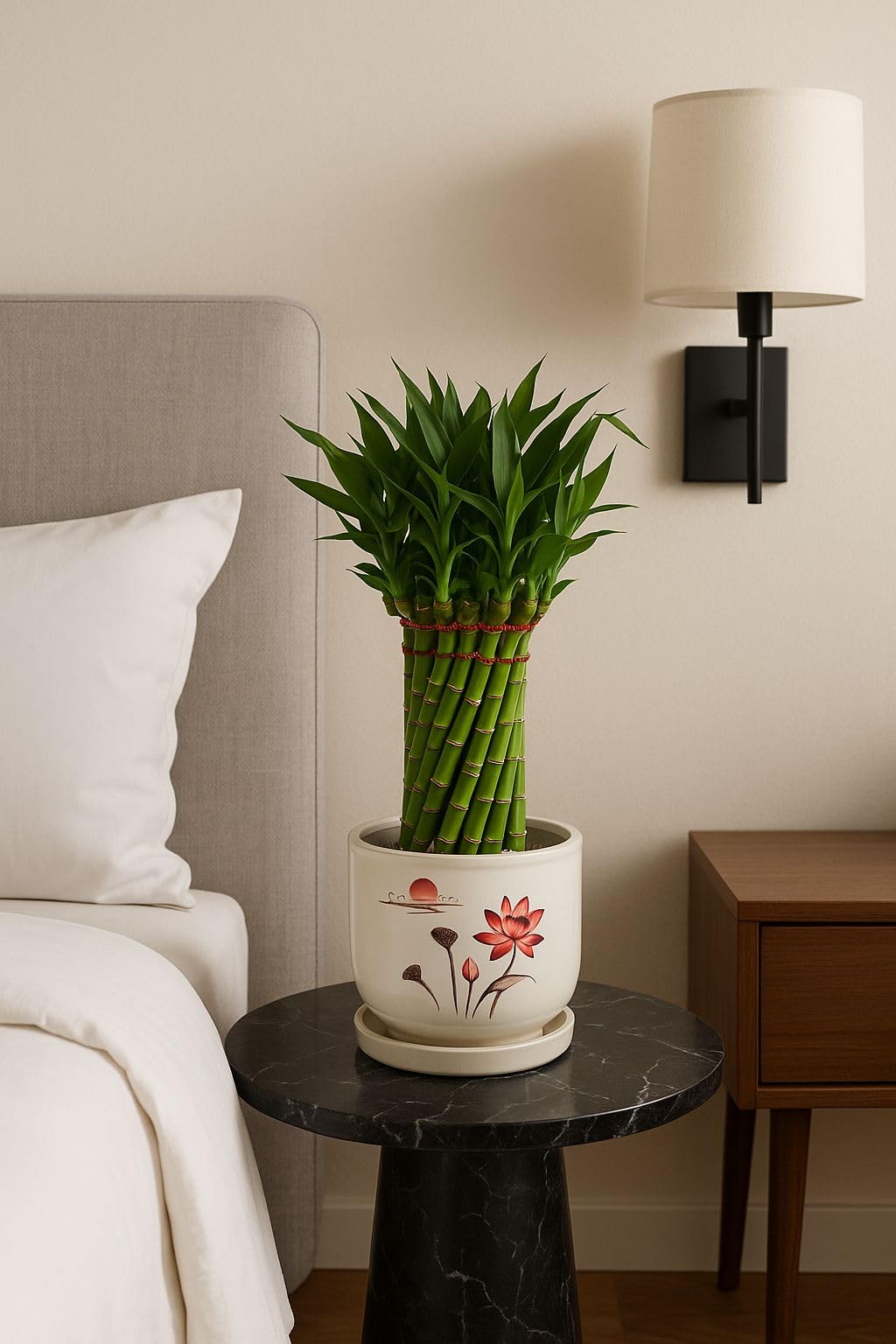 Plants World Nursery and Garden Centre Decorative Ceramic Planter Pot with Lotus Design, 5 inches Tall x 5.5 inches Diameter, White with Attached Drainage Saucer