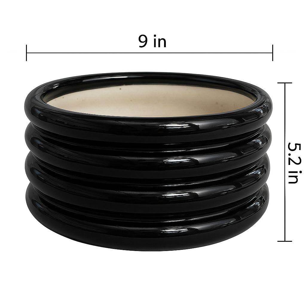 Plants World Nursery and Garden Centre Modern Ceramic Planter Pot, Black Ribbed Design, 5.2 inches Tall x 9 inches Diameter, Round