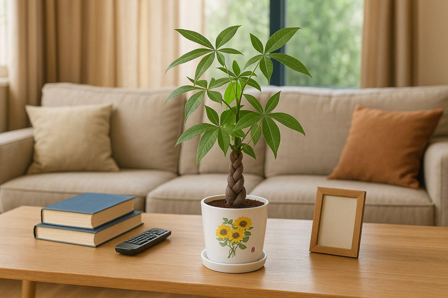 Plants World Nursery and Garden Centre Ceramic Plant Pot with Attached Saucer, Sunflower Design, 5 inches Tall x 5 inches Diameter, White
