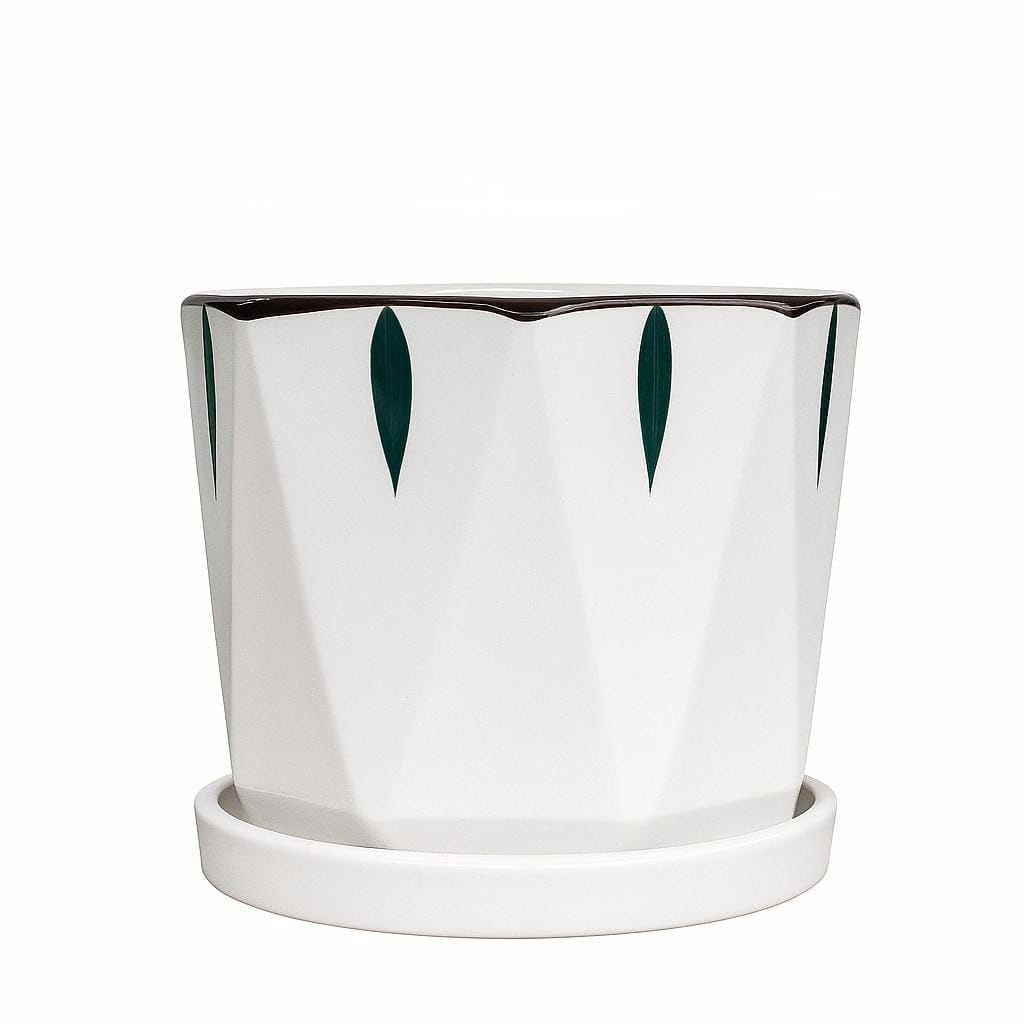 Plants World Nursery and Garden Centre Modern Ceramic Plant Pot with Attached Saucer, 5.2 inches Tall x 5.5 inches Diameter, White with Green Leaf Pattern