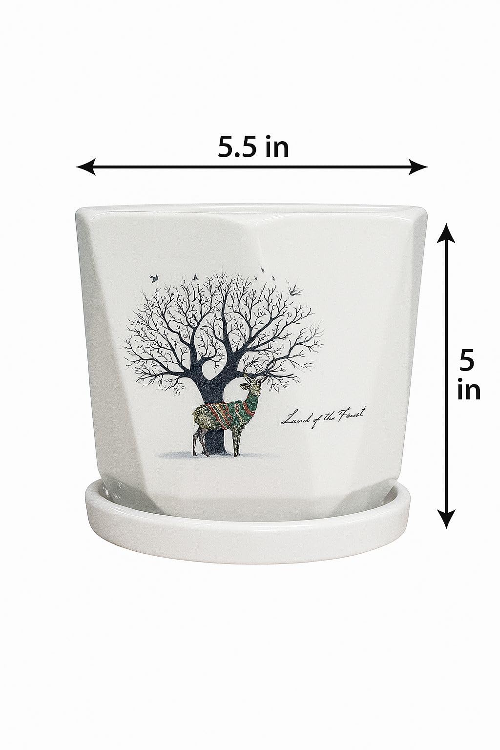 Plants World Nursery and Garden Centre Decorative Ceramic Plant Pot with Attached Saucer, Tree and Deer Design, 5.5 x 5 inches, White