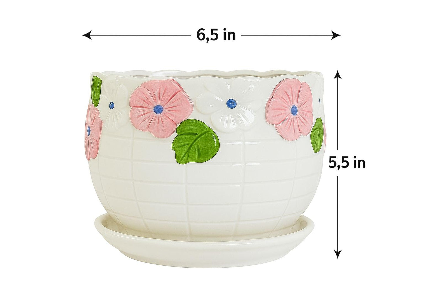 Plants World Nursery and Garden Centre Decorative Ceramic Planter with Flowers, 5.5 inches Tall x 6.5 inches Diameter, White with Attached Drainage Saucer
