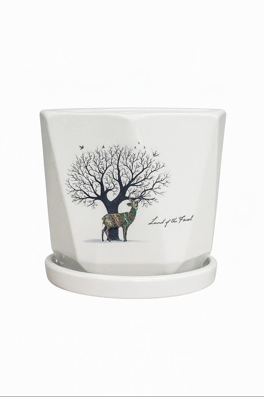 Plants World Nursery and Garden Centre Decorative Ceramic Plant Pot with Attached Saucer, Tree and Deer Design, 5.5 x 5 inches, White