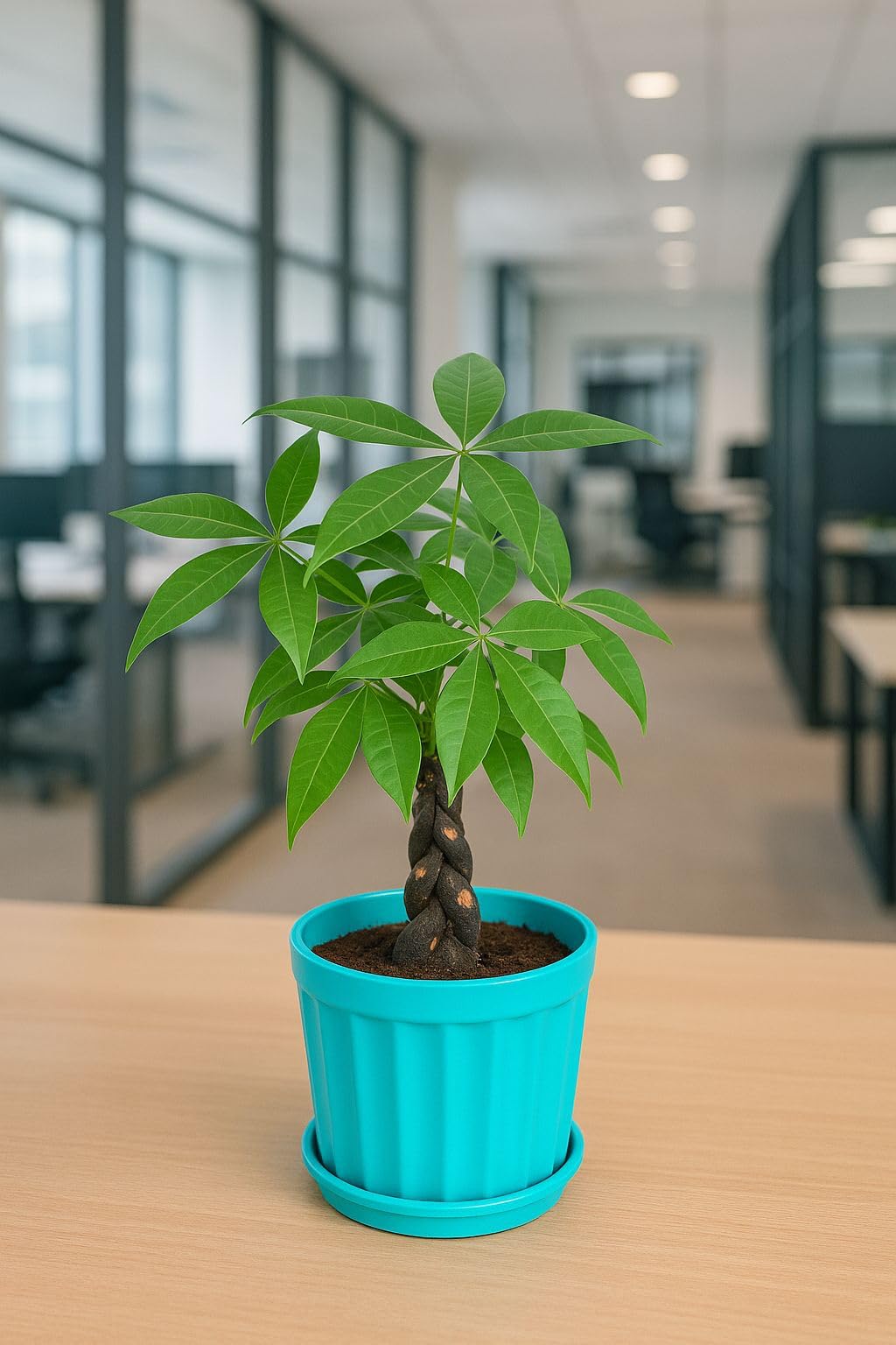 Plants World Nursery and Garden Centre Ceramic Plant Pot with Attached Drainage Saucer, Teal, 5 inches Tall x 5.5 inches Diameter, Ribbed Design