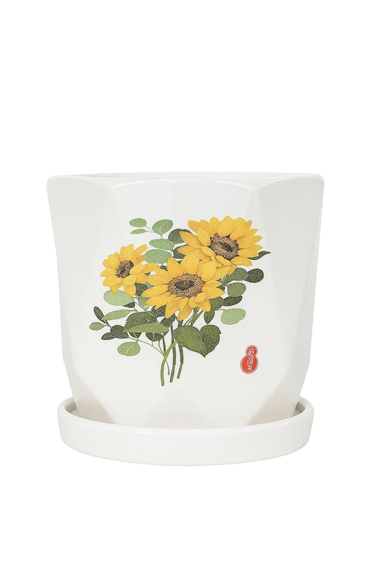 Plants World Nursery and Garden Centre Ceramic Plant Pot with Attached Saucer, Sunflower Design, 5 inches Tall x 5 inches Diameter, White