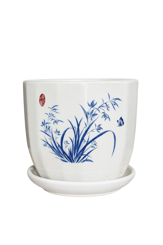 Plants World Nursery and Garden Centre Decorative Ceramic Plant Pot with Attached Saucer, White with Blue Leaf Design, 5 inches Tall x 5.5 inches Diameter