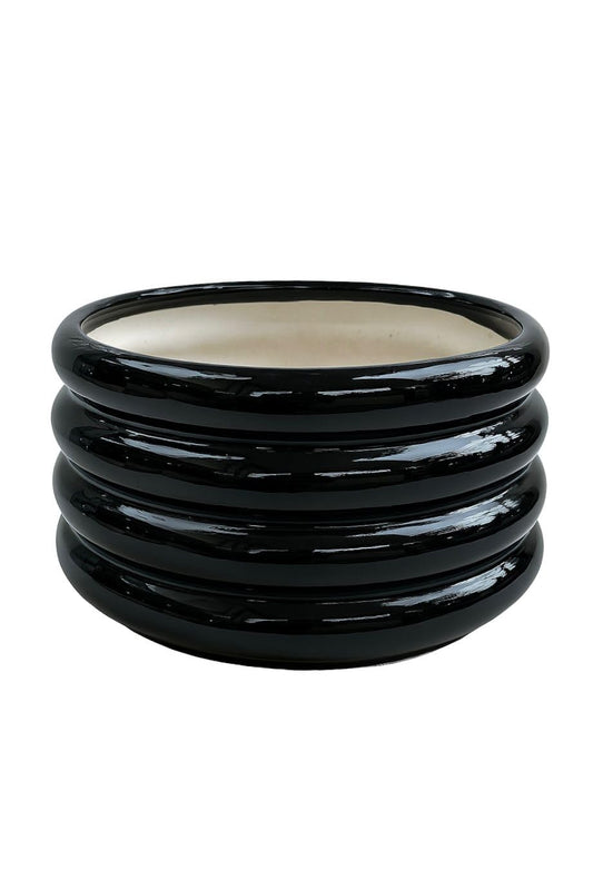 Plants World Nursery and Garden Centre Modern Ceramic Planter Pot, Black Ribbed Design, 5.2 inches Tall x 9 inches Diameter, Round