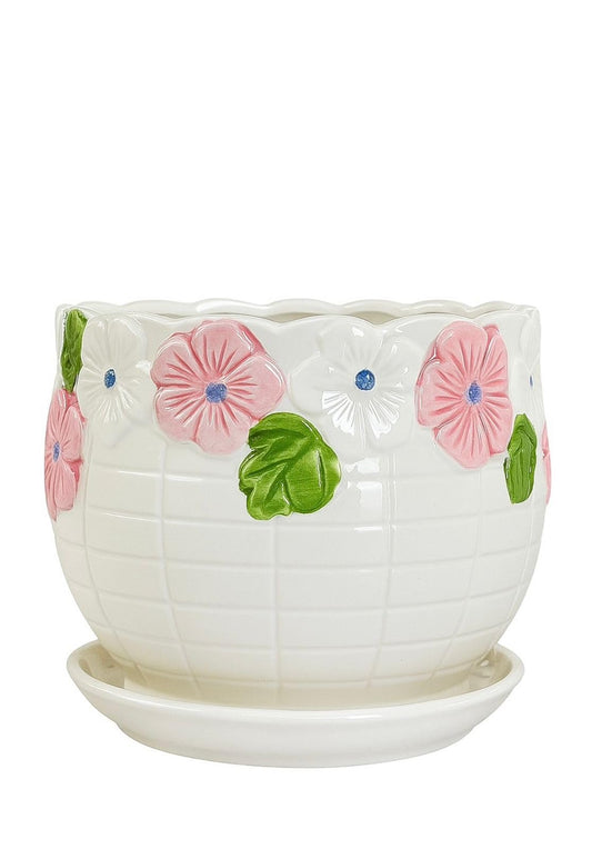 Plants World Nursery and Garden Centre Decorative Ceramic Planter with Flowers, 5.5 inches Tall x 6.5 inches Diameter, White with Attached Drainage Saucer