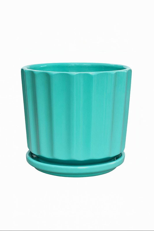 Plants World Nursery and Garden Centre Ceramic Plant Pot with Attached Drainage Saucer, Teal, 5 inches Tall x 5.5 inches Diameter, Ribbed Design