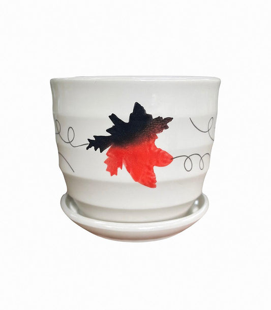 Plants World Nursery and Garden Centre Ceramic Plant Pot with Attached Saucer, Red Maple Leaf Design, 5 inches Tall x 5.8 inches Diameter, White