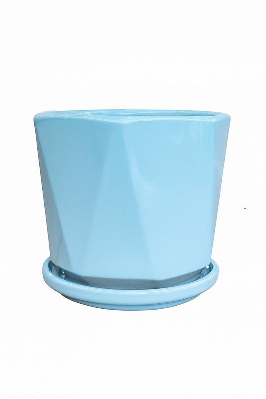 Plants World Nursery and Garden Centre Ceramic Plant Pot with Attached Drainage Saucer, 5 inches Tall x 5.5 inches Diameter, Light Blue