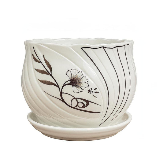 Plants World Nursery and Garden Centre Decorative Ceramic Plant Pot with Attached Saucer, 4.5 inches Tall x 5 inches Diameter, White with Brown Floral Design