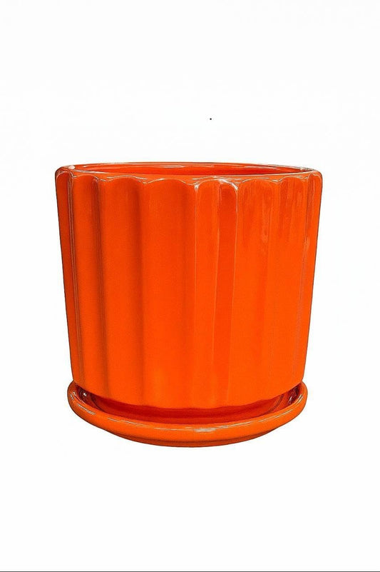 Plants World Nursery and Garden Centre Ceramic Plant Pot with Attached Saucer, Orange, 5 inches Tall x 5.5 inches Diameter, Ribbed Design