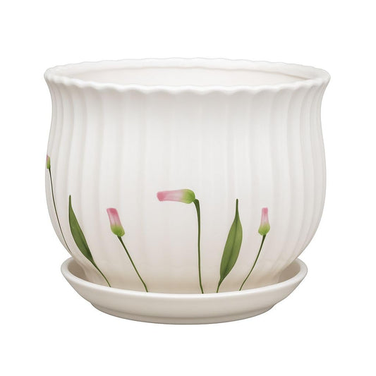 Plants World Nursery and Garden Centre Ceramic Flower Pot with Attached Saucer, White Ribbed Design with Tulip Pattern, 5.5 inches Tall x 6.75 inches Diameter