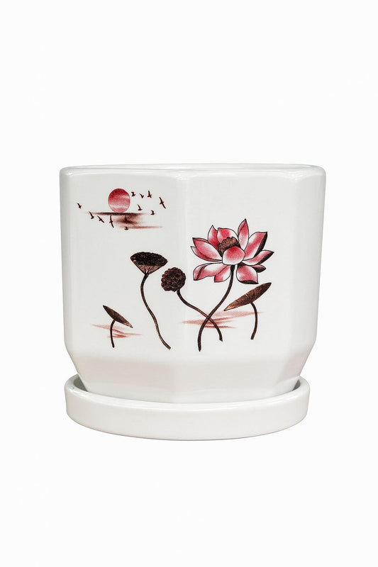 Plants World Nursery and Garden Centre Decorative Ceramic Planter Pot with Lotus Design, 5 inches Tall x 5.5 inches Diameter, White with Attached Drainage Saucer