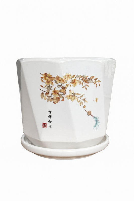 Plants World Nursery and Garden Centre Ceramic Plant Pot with Attached Saucer, Japanese Floral Design, 5 inches Tall x 5.5 inches Diameter, White