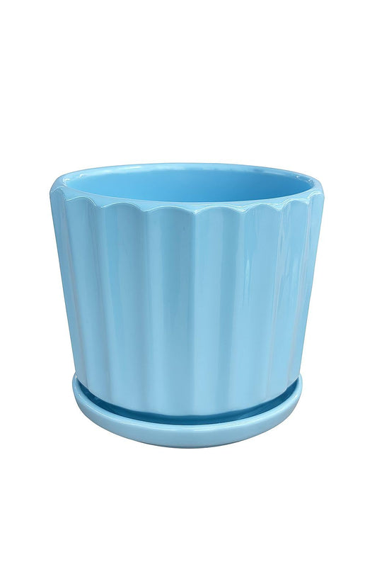 Plants World Nursery and Garden Centre Ceramic Plant Pot with Attached Drainage Saucer, Light Blue, 5 inches Tall x 5.5 inches Diameter, Ribbed Design