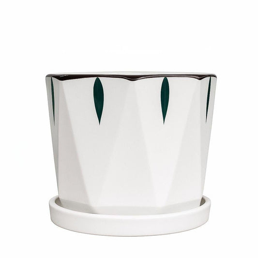Plants World Nursery and Garden Centre Modern Ceramic Plant Pot with Attached Saucer, 5.2 inches Tall x 5.5 inches Diameter, White with Green Leaf Pattern