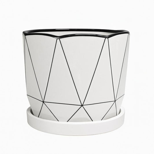 Plants World Nursery and Garden Centre Modern Geometric Ceramic Plant Pot with Attached Drainage Tray, White, 5 inches Tall x 5 inches Diameter