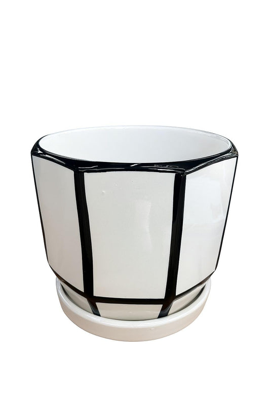 Plants World Nursery and Garden Centre Modern Ceramic Planter with Black Grid Pattern, Attached Saucer, 5 inches Tall x 5.5 inches Diameter, White