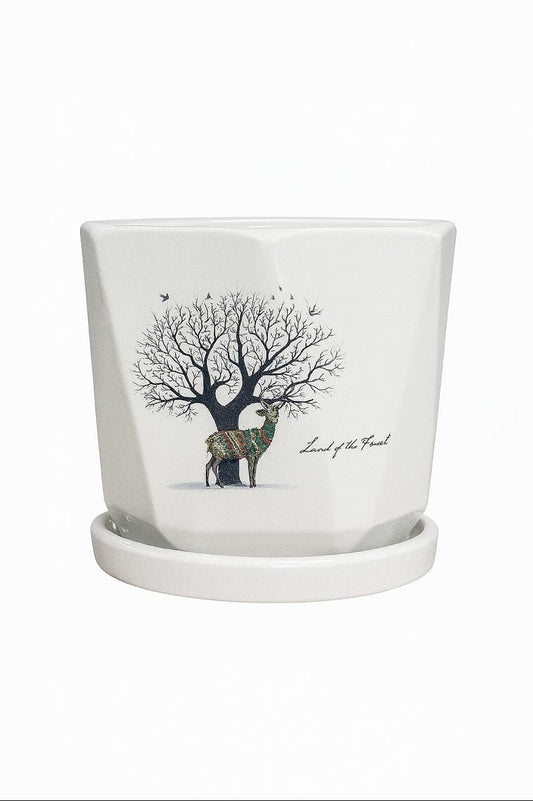 Plants World Nursery and Garden Centre Decorative Ceramic Plant Pot with Attached Saucer, Tree and Deer Design, 5.5 x 5 inches, White