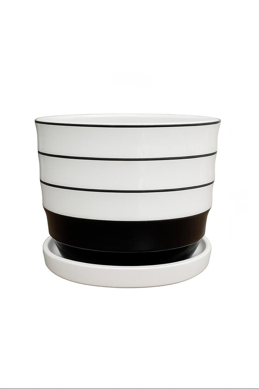 Plants World Nursery and Garden Centre Modern Ceramic Plant Pot with Attached Saucer, White with Black Stripes, 5 inches Tall x 5.8 inches Diameter
