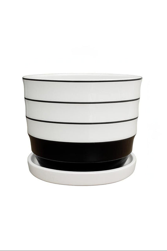 Plants World Nursery and Garden Centre Modern Ceramic Plant Pot with Attached Saucer, White with Black Stripes, 5 inches Tall x 5.8 inches Diameter
